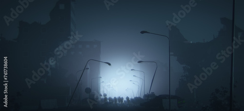 Destroyed houses with a few people in the backlight on the street.