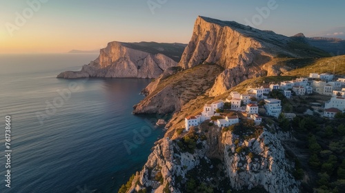 Aerial view of a village perched on a cliff, with houses and buildings overlooking the vast expanse of the ocean.