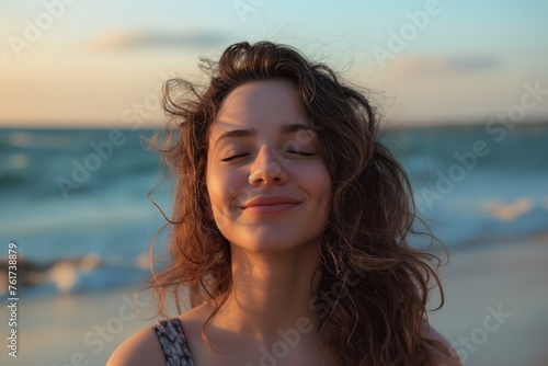Close-up of a content young woman basking in the golden light of a beach sunset