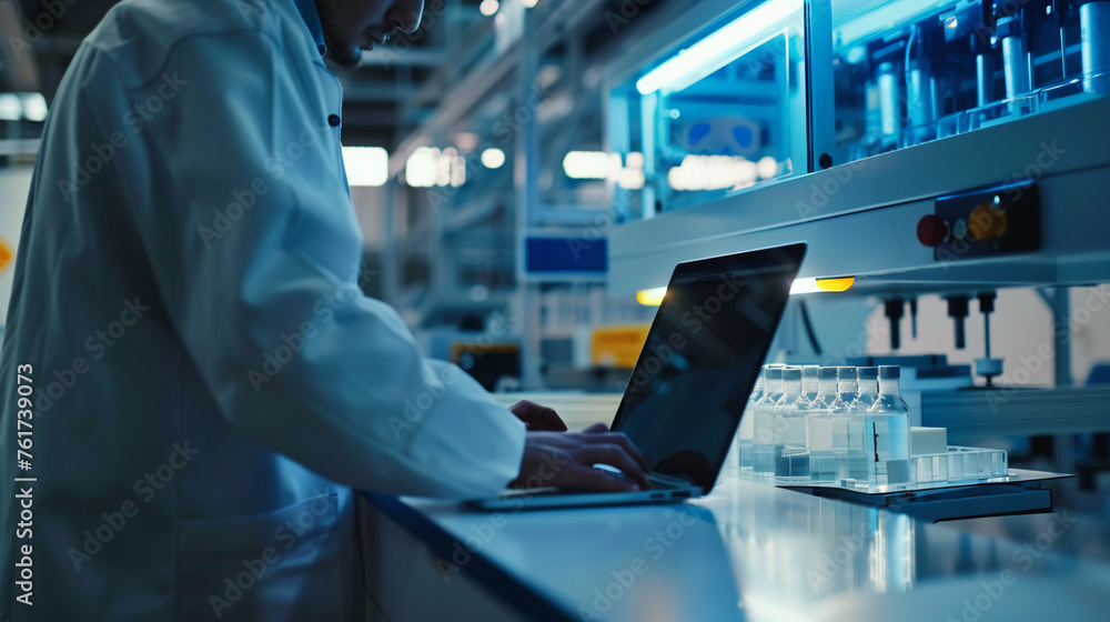 professional factory worker using a laptop to control an automatic machinery program showcasing the modern engineering environment