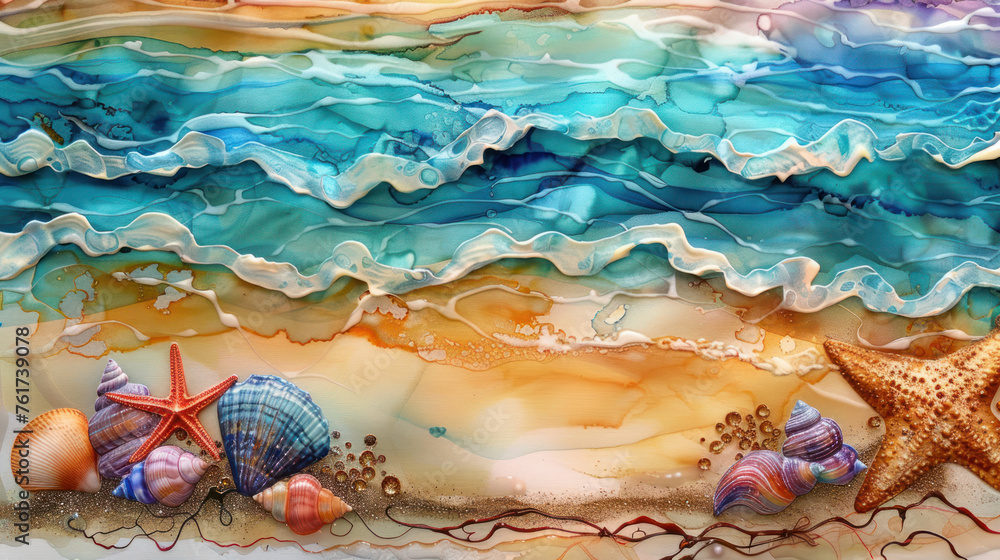Shells on the beach summer background as wallpaper illustration, alcohol ink abstract painting