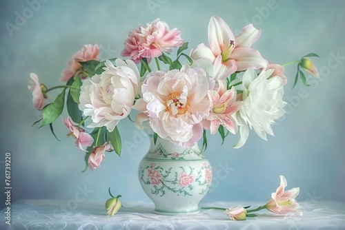 A soft-focus image of a vintage floral arrangement with varied flowers in a decorative vase, set against a pastel backdrop © Nikola