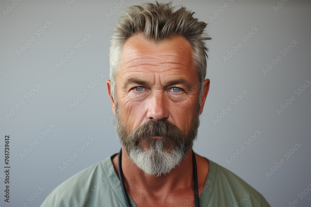 Intense portrait of a rugged man with a stern expression, detailed and high-contrast against a grey background. Intense portrait of a rugged man with a stern expression, detailed and high-contrast against a grey background.