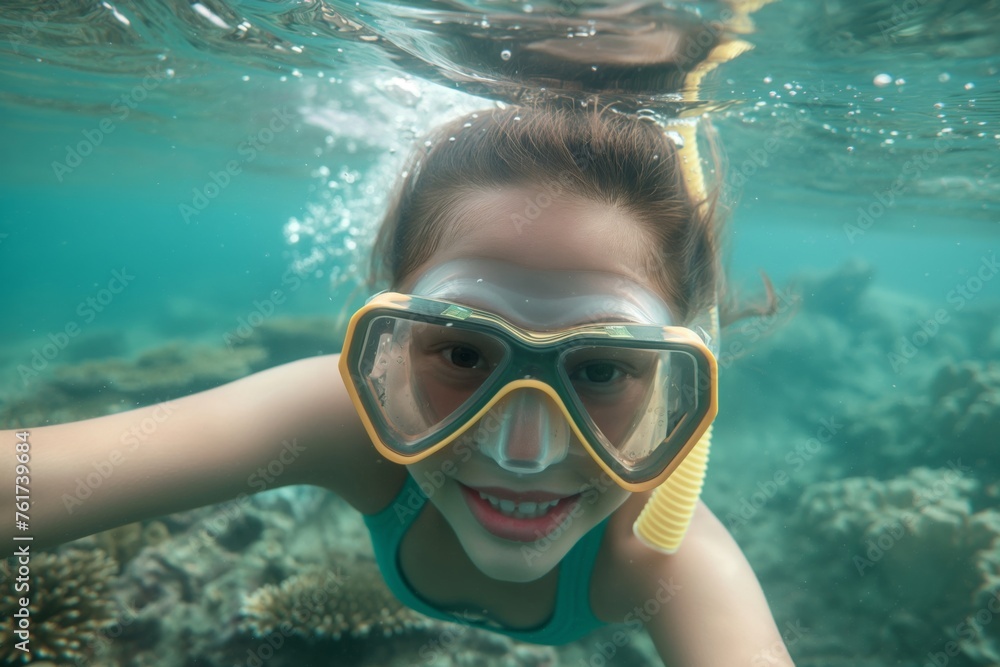 Close-up of a cheerful young girl snorkeling underwater with a clear view of her face mask