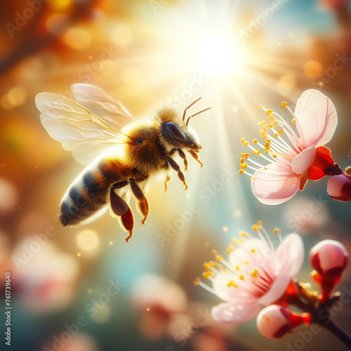 bee collect nectar and honey on apple or cherry flowers bloom photo