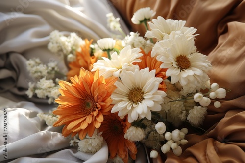 Warm sunlight highlights a bouquet of white and orange gerberas interspersed with delicate white blossoms.