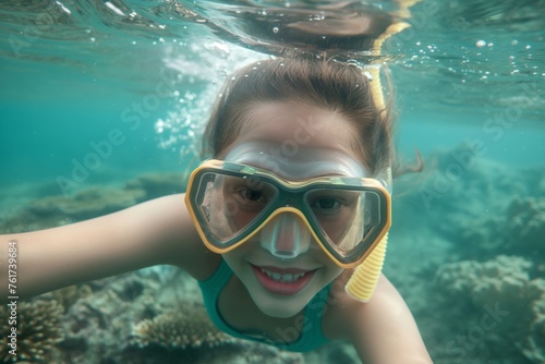 Close-up of a cheerful young girl snorkeling underwater with a clear view of her face mask