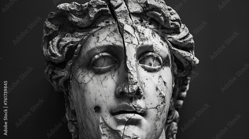 The broken ancient Greek statue head weathered by time and history still exudes a sense of mystery and a connection to the rich cultural heritage of the past