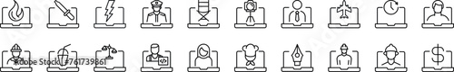 Pack of linear symbols of items on laptop. Editable stroke. Linear symbol for web sites, newspapers, articles book