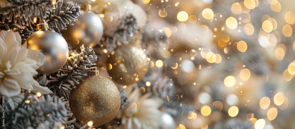 A closeup of a Christmas tree adorned with natural materials in gold and silver, showcasing intricate patterns and metallic fashion accessories, captured in macro photography A closeup of a Christmas tree adorned with natural materials in gold and silver, showcasing intricate patterns and metallic fashion accessories, captured in macro photography
