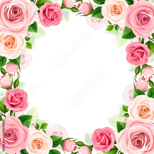 Floral frame with pink and white rose flowers. Vector roses card design
