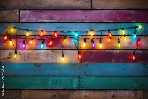 christmas lights are on a wooden wall