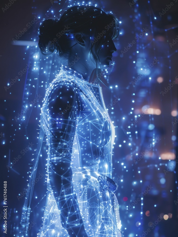 Fototapeta premium Neon blue holographic concert, virtual performance by digital avatars creating a futuristic entertainment experience.