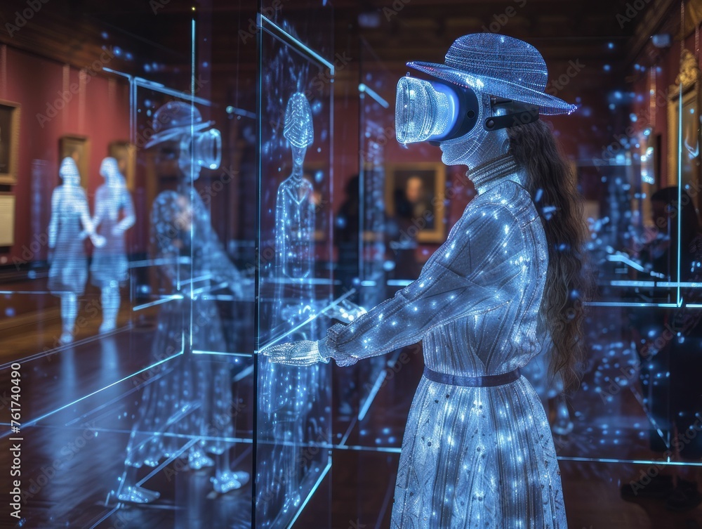 Visitors immerse in history using augmented reality at a neon blue ...