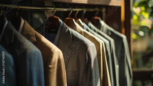 a row of suits on a rack