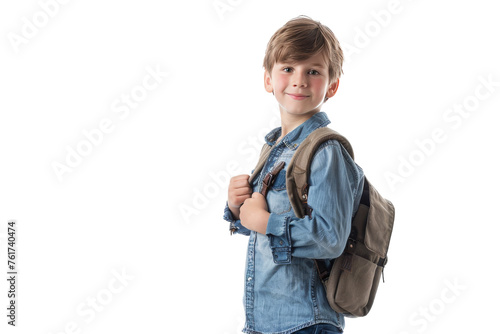 A young boy stands with a backpack on his back, ready for an adventure
