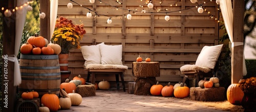 A patio adorned with orange pumpkins, wooden barrels, cozy chairs, and vibrant flowers, creating a charming fallinspired interior design photo