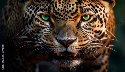  a close - up of a leopard's face with a green - eyed look on it's face. © Jevjenijs
