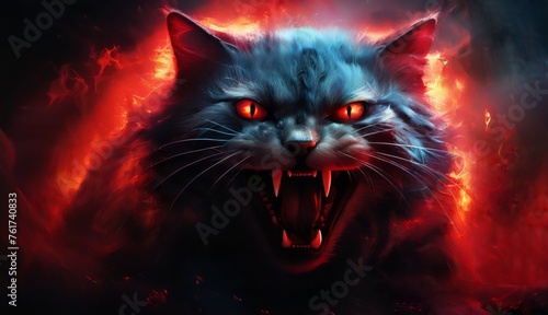  a close up of a cat's face with red eyes and a demonic look on it's face.