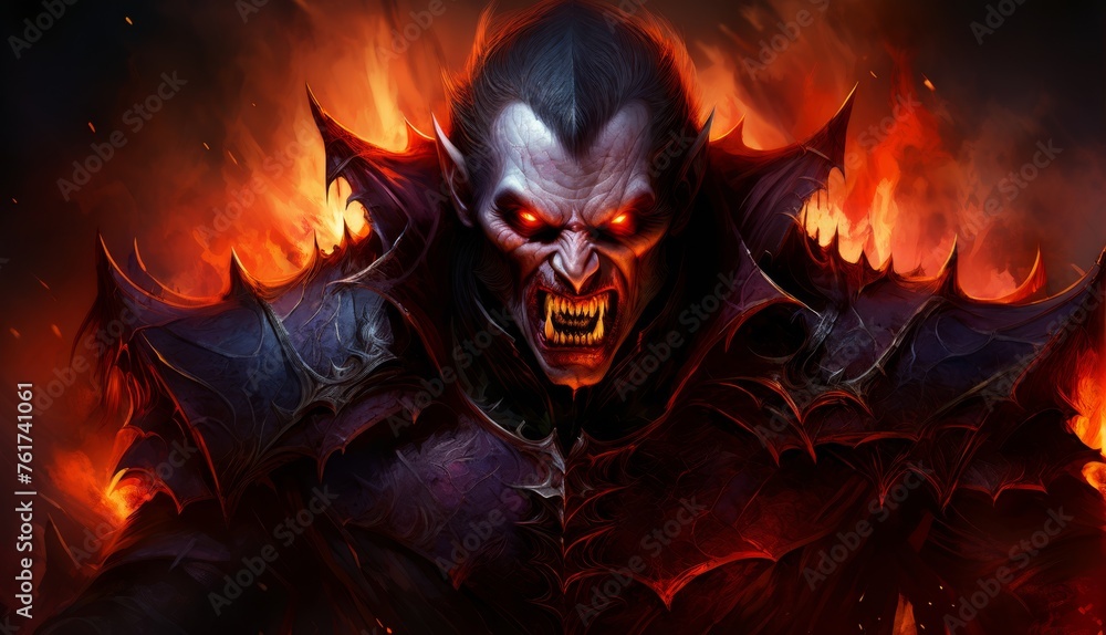  a demonic demonic demon with red eyes and a demon face on it's chest, with flames in the background.