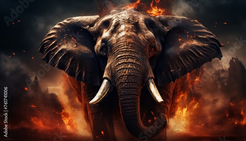  an elephant with large tusks standing in front of a fire filled sky with clouds and buildings in the background.