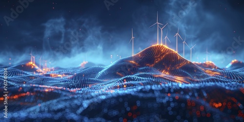 Renewable energy grid shows wind turbines, solar panels connected by neon blue energy flows.