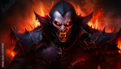  a demonic demonic demon with red eyes and a demon face on it s chest  with flames in the background.