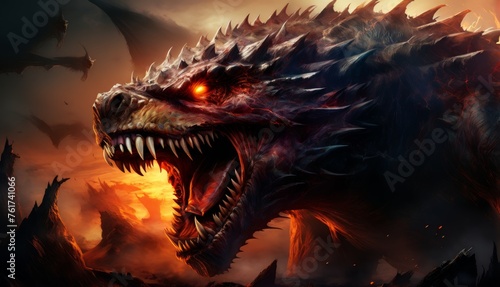  a close up of a dragon with its mouth open and flames in the air in front of a dark background.