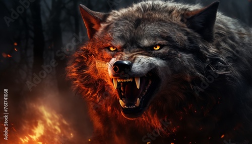  a close up of a wolf with it's mouth open and it's mouth wide open, with flames in the background.
