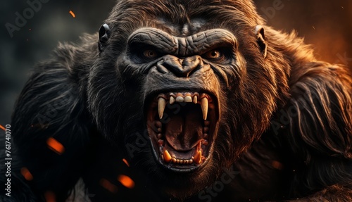 a close up of a gorilla face with it's mouth open and it's teeth lit by the sun.