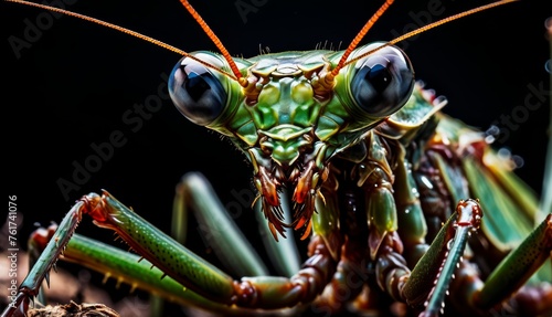  a close - up of a praying mantissa looking at the camera with eyes wide open on a black background. © Jevjenijs