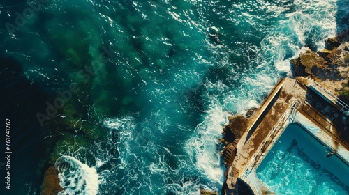 An aerial perspective of a swimming pool floating in the vast ocean, showcasing the contrast of man-made structure within a natural aquatic environment.