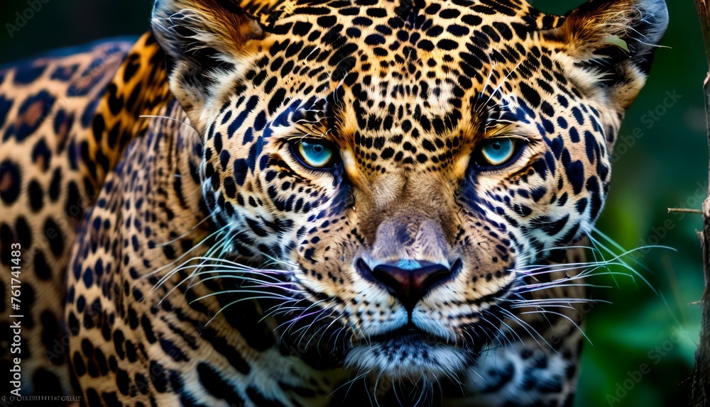 a close - up of a leopard's face with a blurry background and a tree branch in the foreground. a close - up of a leopard's face with a blurry background and a tree branch in the foreground.