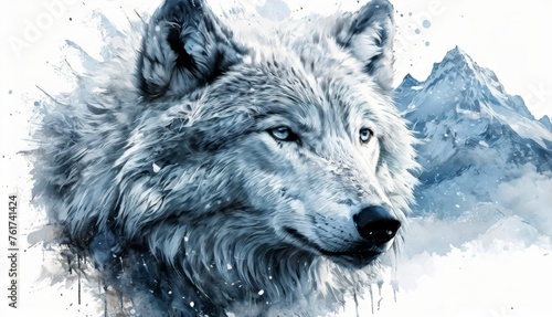  a close up of a wolf's face on a white background with a mountain range in the back ground.