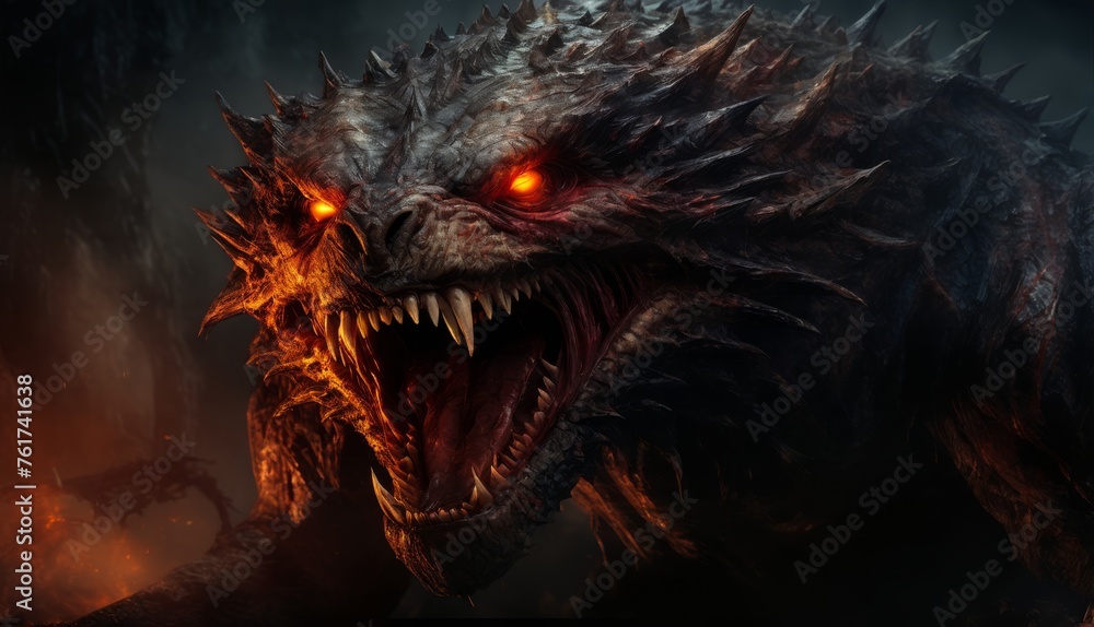 a close up of a demon with its mouth open and glowing red eyes in a dark, foggy background. a close up of a demon with its mouth open and glowing red eyes in a dark, foggy background.