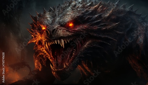  a close up of a demon with its mouth open and glowing red eyes in a dark, foggy background.