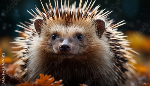  a close up of a porcupine with spikes on it's head standing in a pile of leaves.
