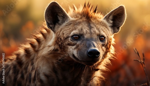  a close up of a hyena's face with a blurry background of grass and bushes in the foreground.