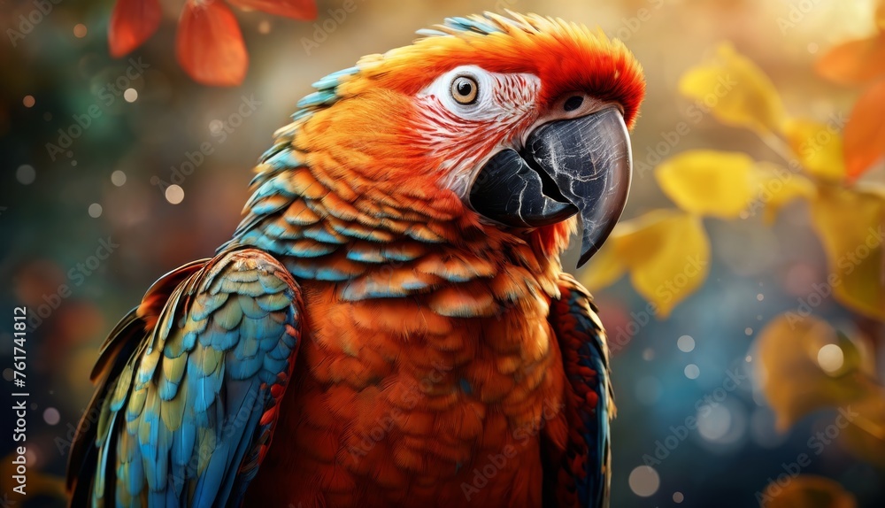  a close up of a colorful parrot on a branch with leaves in the background and a blurry image of leaves in the foreground.