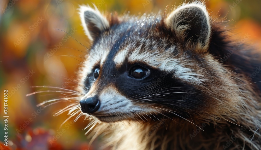  a close up of a raccoon's face in front of a background of autumn leaves and flowers.