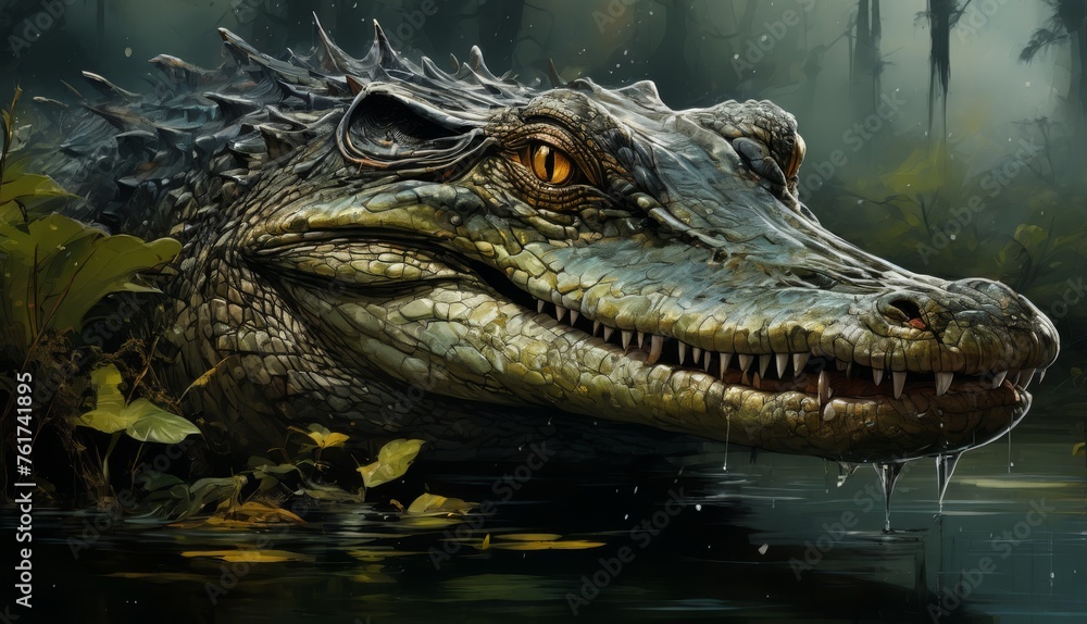 a painting of a crocodile in the water with its mouth open and it's teeth hanging out of it's mouth. a painting of a crocodile in the water with its mouth open and it's teeth hanging out of it's mouth.