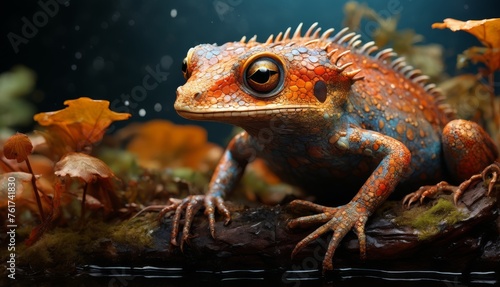  an orange and blue lizard sitting on top of a moss covered tree branch next to a body of water filled with water.