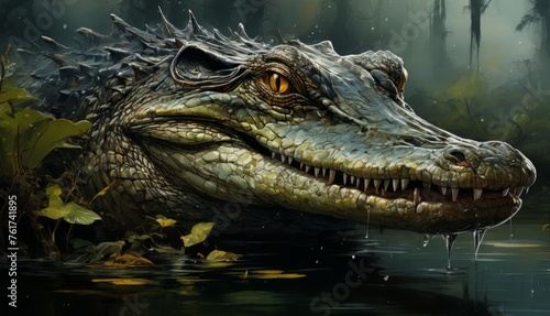  a painting of a crocodile in the water with its mouth open and it s teeth hanging out of it s mouth.