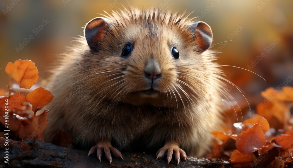 a close up of a rodent on a log with leaves in the foreground and a blurry background. a close up of a rodent on a log with leaves in the foreground and a blurry background.
