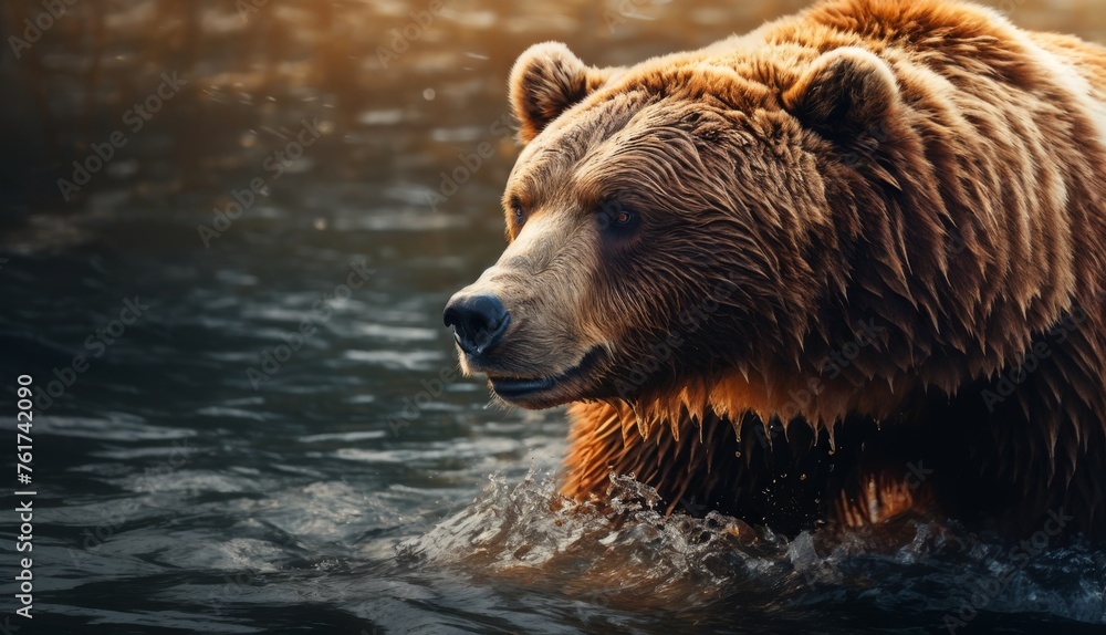  a close up of a bear in a body of water with water droplets on it's face and a blurry background.