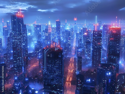 Smart city at dusk, neon blue hues depict tech and urban growth.