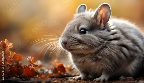  a small gray hamster sitting on top of a pile of leaves next to a leafy plant with it s eyes wide open.