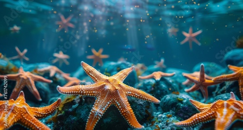 A group of starfish swim gracefully in the ocean, their vibrant colors standing out against the blue water. © pham