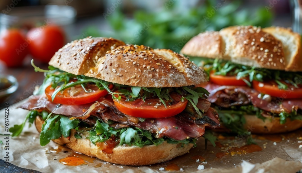 two sandwiches with lettuce, tomato, and meat on top of a piece of wax paper on a table. two sandwiches with lettuce, tomato, and meat on top of a piece of wax paper on a table.