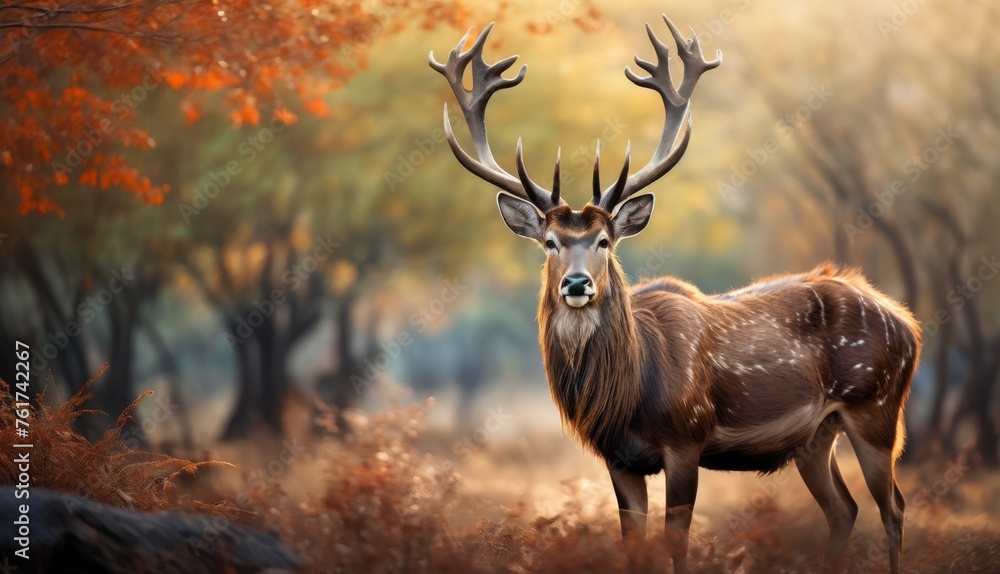 a close up of a deer in a field of grass with trees in the background and leaves in the foreground. a close up of a deer in a field of grass with trees in the background and leaves in the foreground.